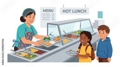 School cafeteria worker serving hot lunch to students.