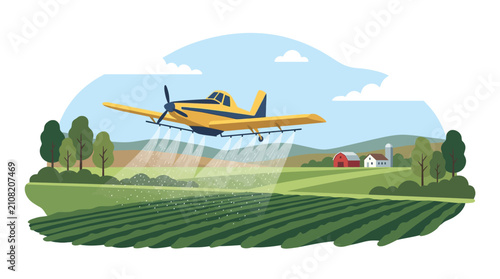 Agricultural crop duster plane spraying rural farm fields.