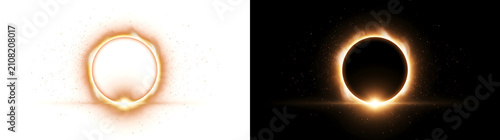 Golden solar eclipse ring glowing with sparkling light above a shimmering surface ideal for PNG, Transparent and Black Background Versions in designs