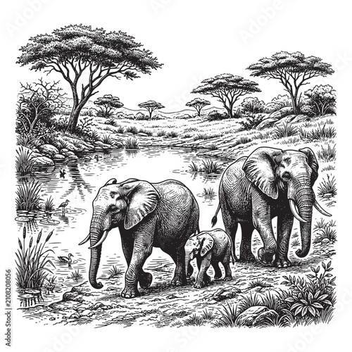 Fotografie Vintage engraving style illustration of a family of African elephants walking ne
