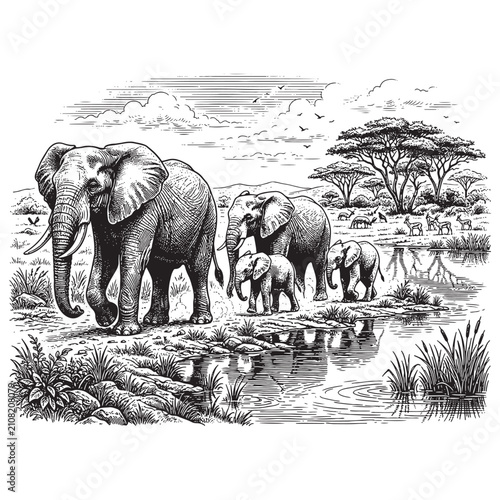 Foto Detailed vintage engraving style illustration of a herd of African elephants mig