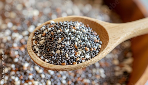 Healthy Mixed Chia Seeds on a Wooden Spoon Macro Shot