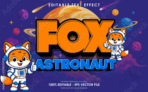 Editable text effect Cute Fox Astronaut in Space with Planets and Stars.
