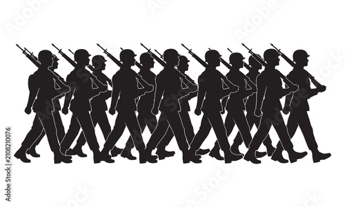 Принти на полотні Black vector silhouettes of marching army soldiers carrying weapons, perfect for Veterans Day, Memorial Day, and military honor designs
