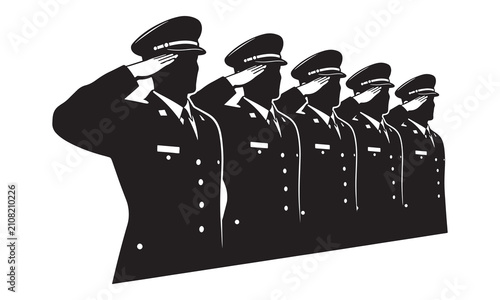 Obraz na płótnie Vector silhouettes of military officers in formal uniform saluting, symbolizing respect, honor, and patriotism for Veterans Day