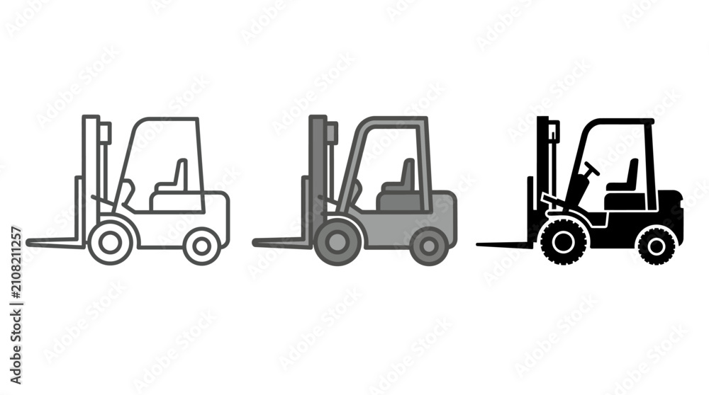Naklejka premium Set of forklift truck icons in line and solid style for warehouse and logistics design on white background
