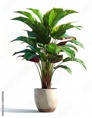 A lush, green potted plant with broad leaves and red accents