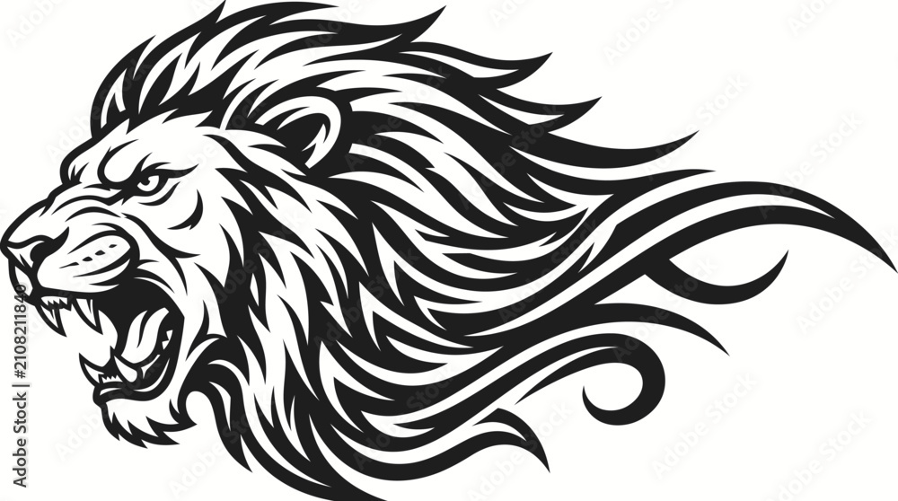 Fototapeta premium Angry roaring lion head emblem profile with majestic flowing mane black and white design element