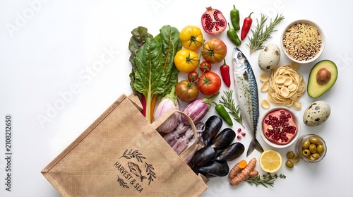 High angle view of a craft paper shopping bag filled with fresh raw fish, ripe tomatoes, green leaves, mussels, and various organic cooking ingredients on white background.