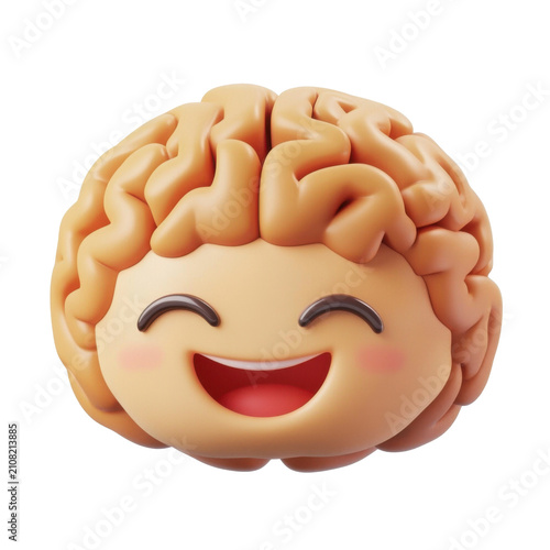 Cute smiling brain character with happy laughing face isolated on white transparent background