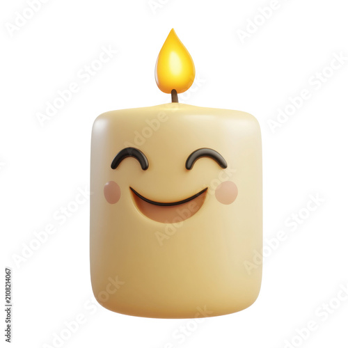 Cute smiling candle character with burning flame and happy face isolated on white transparent background