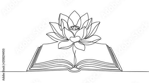 Continuous Line Drawing of Lotus Flower Blooming from an Open Book for Wisdom