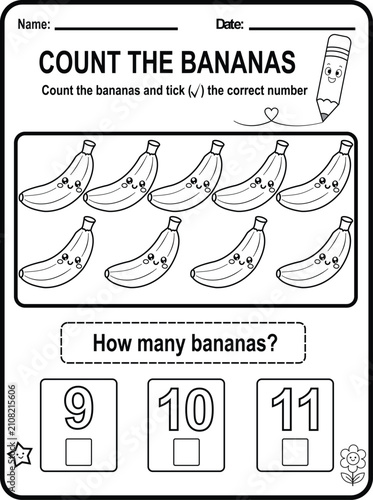 Cute banana counting worksheet for preschool and kindergarten children. Black and white printable educational activity page for early math learning and classroom practice.