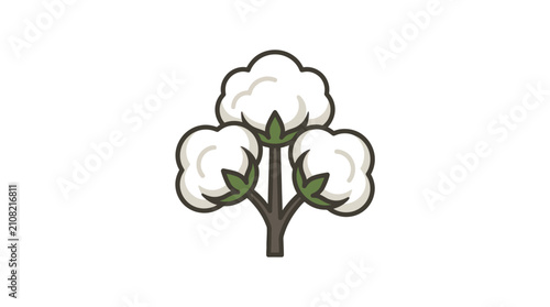 Simple flat icon of a cotton plant with three fluffy white bolls and green leaves on a white background, vector illustration.