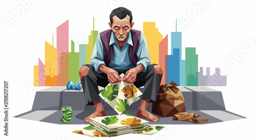 Poor homeless man sitting on city street with cardboard and trash. Desperate older male experiencing poverty and hardship in urban environment.