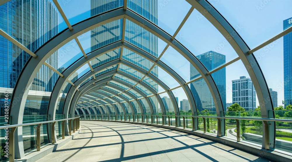 Fototapeta premium Modern glass tunnel connects tall city buildings under bright blue sky. Curved metal frame construction allows view of urban skyscrapers, park plants. Sunlit transparent walkway creates geometric