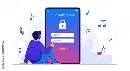 Young man listening to music, entering password on phone, security concept