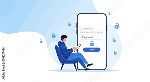 Young man logging into secure mobile app with password and username