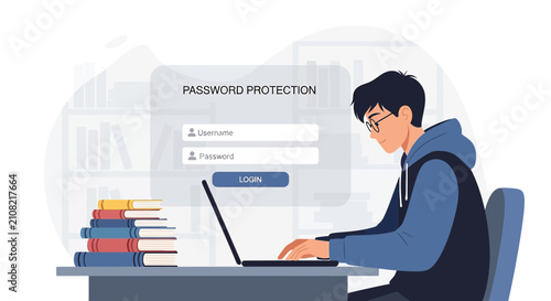 Young man using laptop for password protection and online security concept illustration