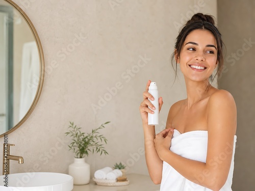 Smiling young woman wrapped in a white towel applying spray deodorant in a modern bathroom, conveying fresh body care, morning hygiene routines, and radiant confidence.