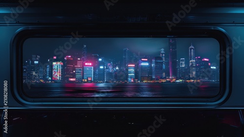 Cityscape view through a window illuminated buildings at night