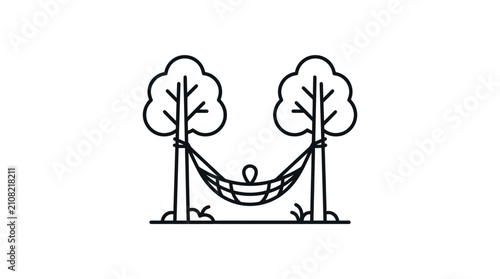 Relaxing Person in Hammock between Two Trees, Simple Line Art Illustration