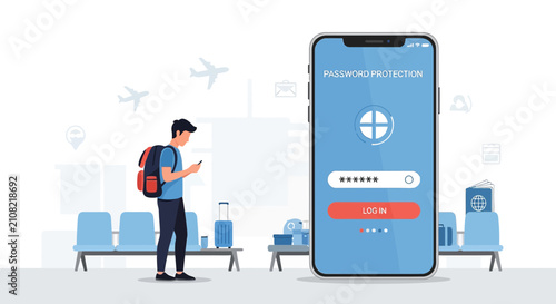 Traveler using smartphone for password protection at airport