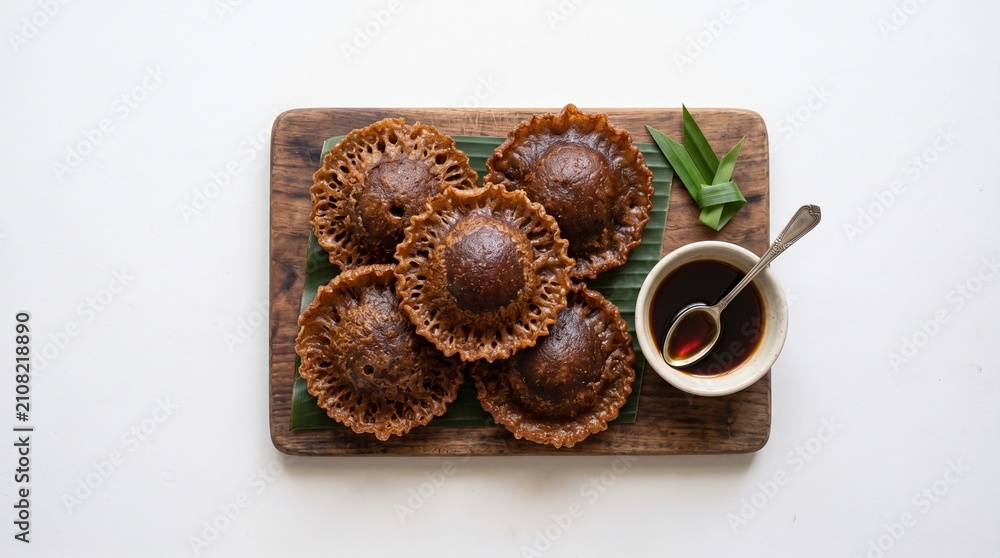 Fototapeta premium Traditional Indonesian sweet palm sugar fried fritters, Kue Cucur, served on a wooden board with banana leaf, palm sugar syrup, and pandan leaves isolated on a white background.