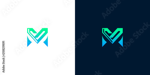 Modern geometric letter M logo design with blue and green gradients for technology startups and digital business identity branding
