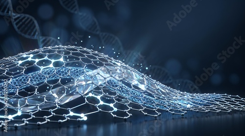 Abstract scientific background featuring a glowing digital hexagonal grid and DNA helix structures.