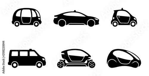 Futuristic Autonomous Vehicle Icons, Electric Car Silhouettes, Smart Mobility Concepts, Urban Transport Vector Set