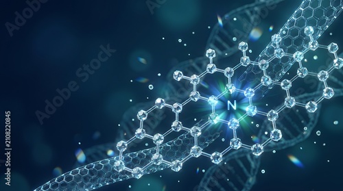 Abstract scientific background featuring a glowing nitrogen atom within a molecular structure and DNA helix.