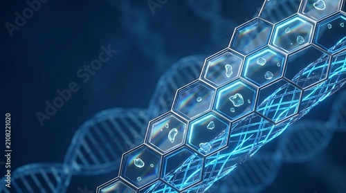 Abstract scientific background featuring a glowing DNA double helix structure and hexagonal data grid.