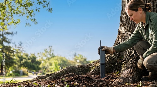 Fototapeta Arborist placing sensor probe near tree trunk