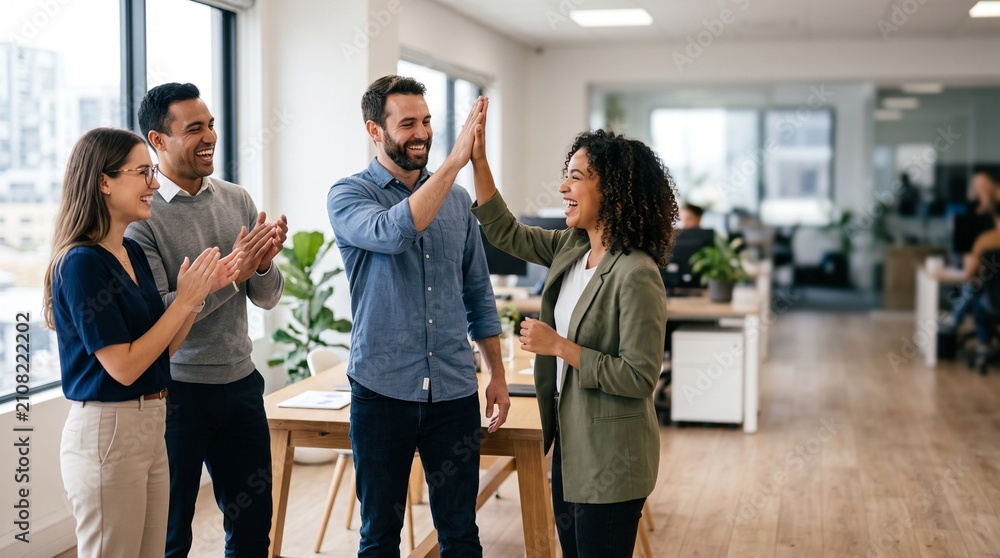 Obraz premium Diverse business team celebrating success with high fives and applause in a modern office environment