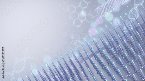 Abstract scientific background featuring digital representation of nanotechnology and molecular structures for medical innovation.