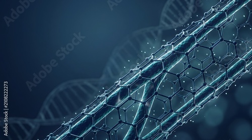 Abstract illustration of carbon nanotubes and DNA helix structure for scientific research.