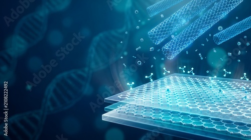 Abstract scientific background showing DNA helix structure and nanotechnology molecular research on a digital interface.