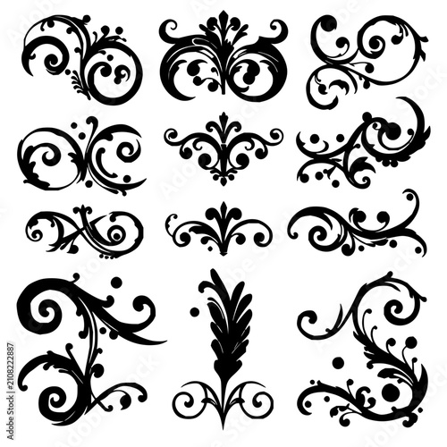 Bild auf Leinwand Swirl and feather motifs set with intricate black and white pattern grid featuri