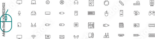 Minimalist computer hardware icons, 40 thin line vector elements for technology and gaming, modern electronic peripheral symbols for web design ,clean outline vector