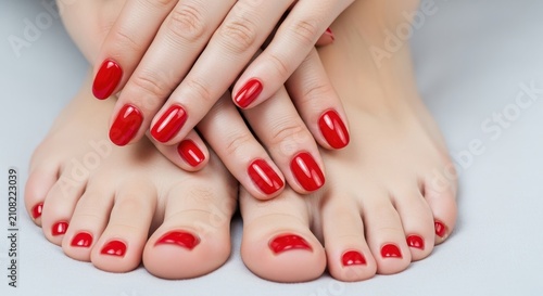 Close up of red painted toenails and fingernails.