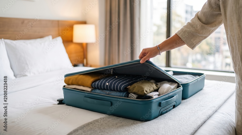 Fototapeta premium Traveler packing blue suitcase in hotel room