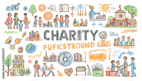 Tablou pe pânză A vibrant collage of hand-drawn illustrations depicting various aspects of charity, community support, and social responsibility