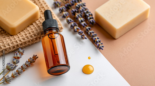 Natural aromatherapy with essential oil and organic soaps on pastel background