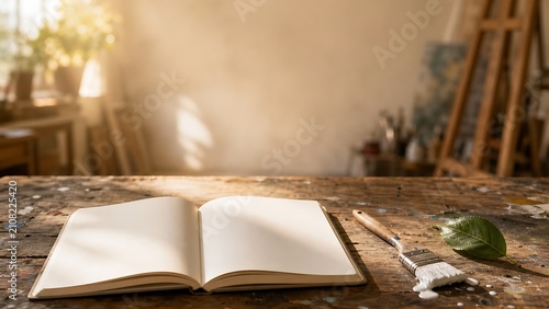 Open blank notebook and paintbrush on rustic wooden artist workbench in warm sunlight, symbolizing creative inspiration, artistic workflow, and design potential.