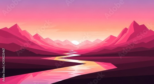 Pink geometric mountains frame winding river under a colorful sunset sky