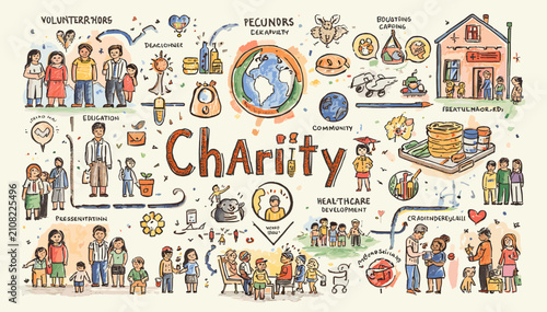 Картината върху платно A vibrant, hand-drawn illustration depicting the multifaceted concept of charity, showcasing various acts of kindness, community support, and global aid