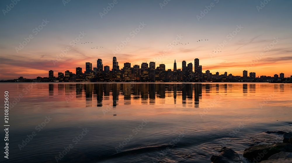 Fototapeta premium City skyline reflection at sunset