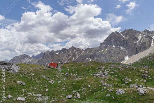 Scenic Alpine landscape in Maira valley, Italian Cottian Alps, Piedmont region on the border between France and Italy. Bivacco Sartore