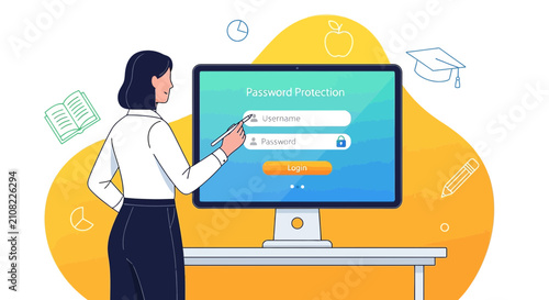 Student logging in for online education, password protection concept